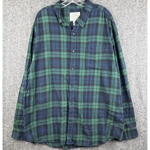 St Johns Bay Shirt Mens 2XL Blue Green Plaid Flannel Button Front Long Sleeve